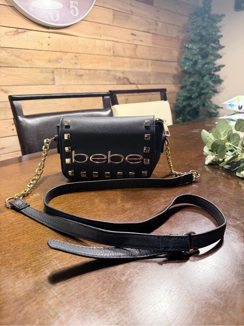 bebe Black Studded Crossbody with Gold Chain